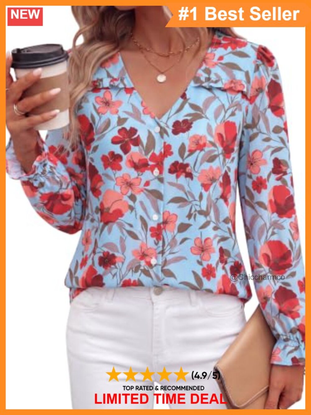 100% Polyester Long Sleeve Floral Blouse Button Down V Neck Ruffle Casual Fall
